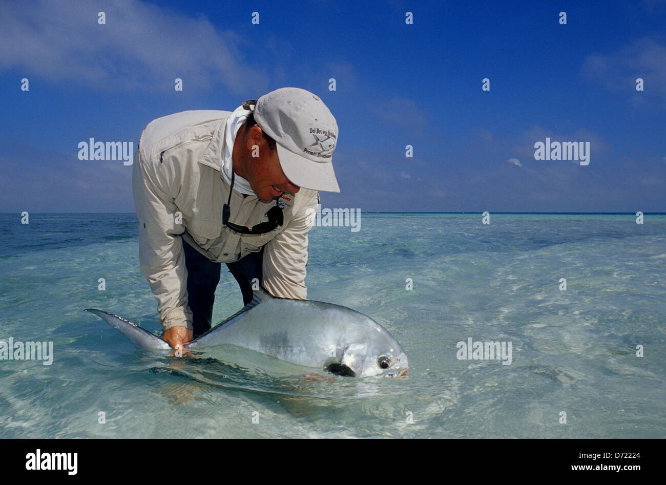 Fly fisherman releasing a permit (Trachinotus falcatus) caught in the Florida Keys at Key West Stock Photo