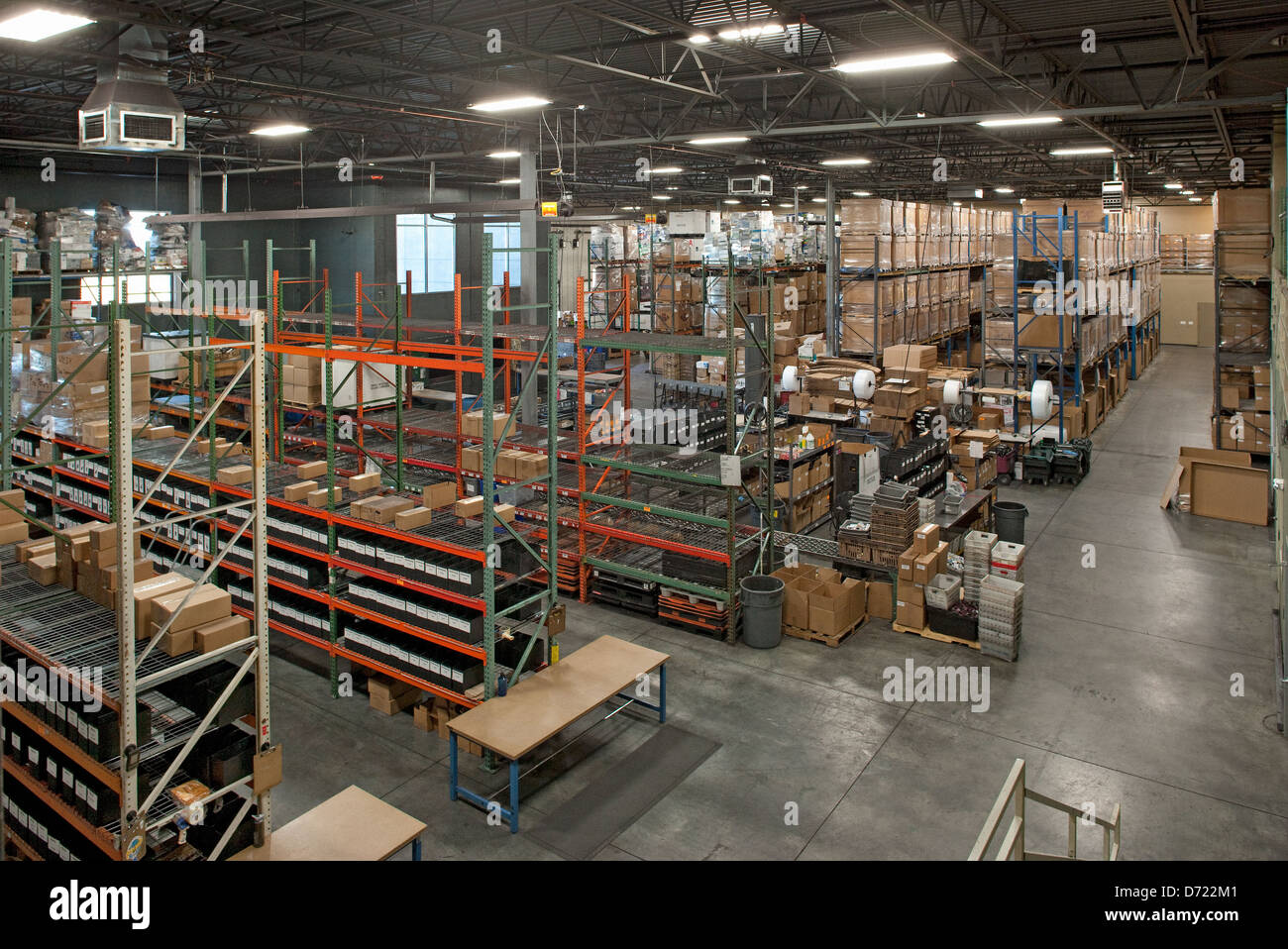 Overhead view of warehouse interior for recycling and refurbishing electronics, inkjet cartridges, and printer toner. Stock Photo