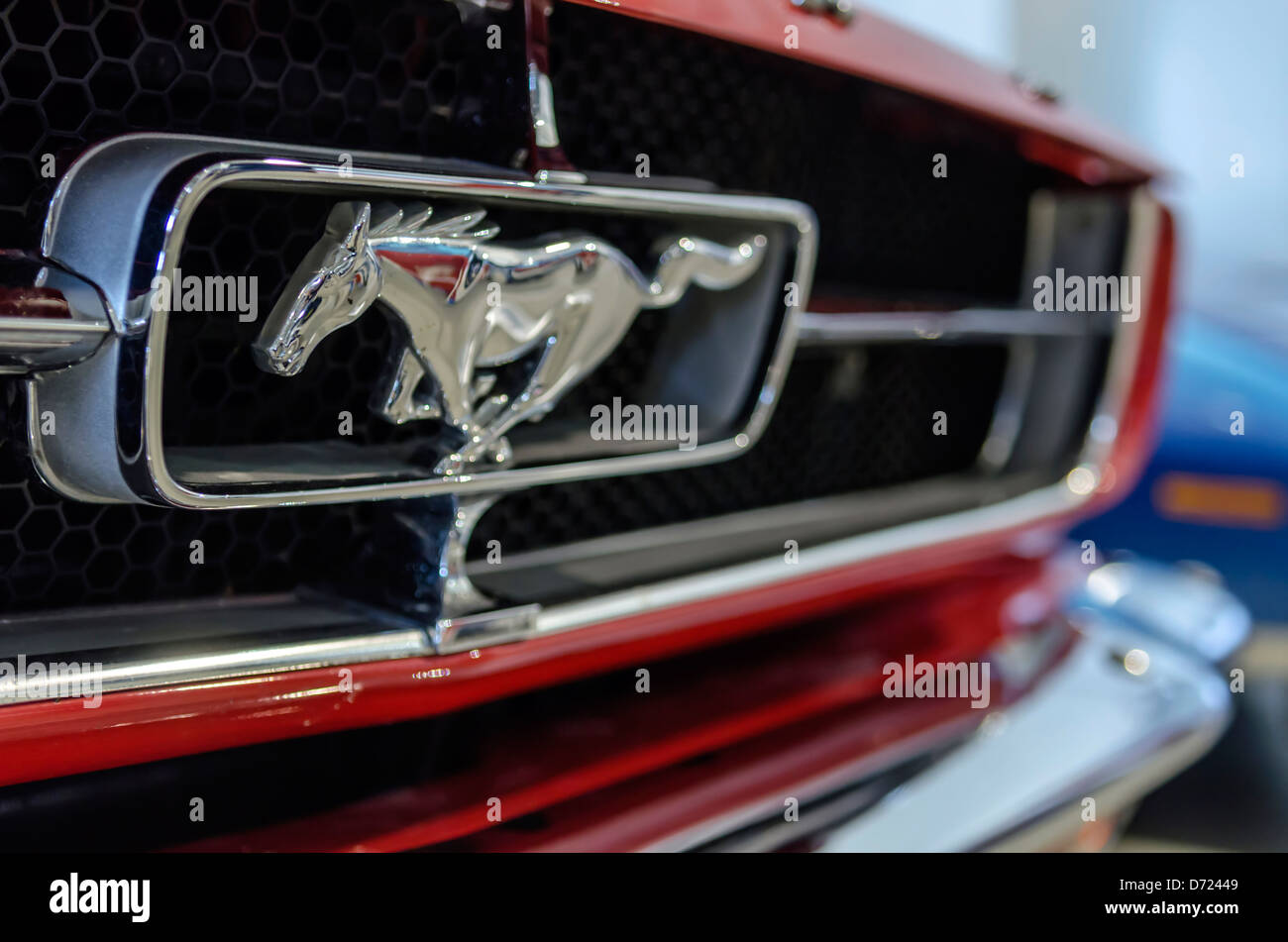 Close of Mustang car badge and grille Stock Photo