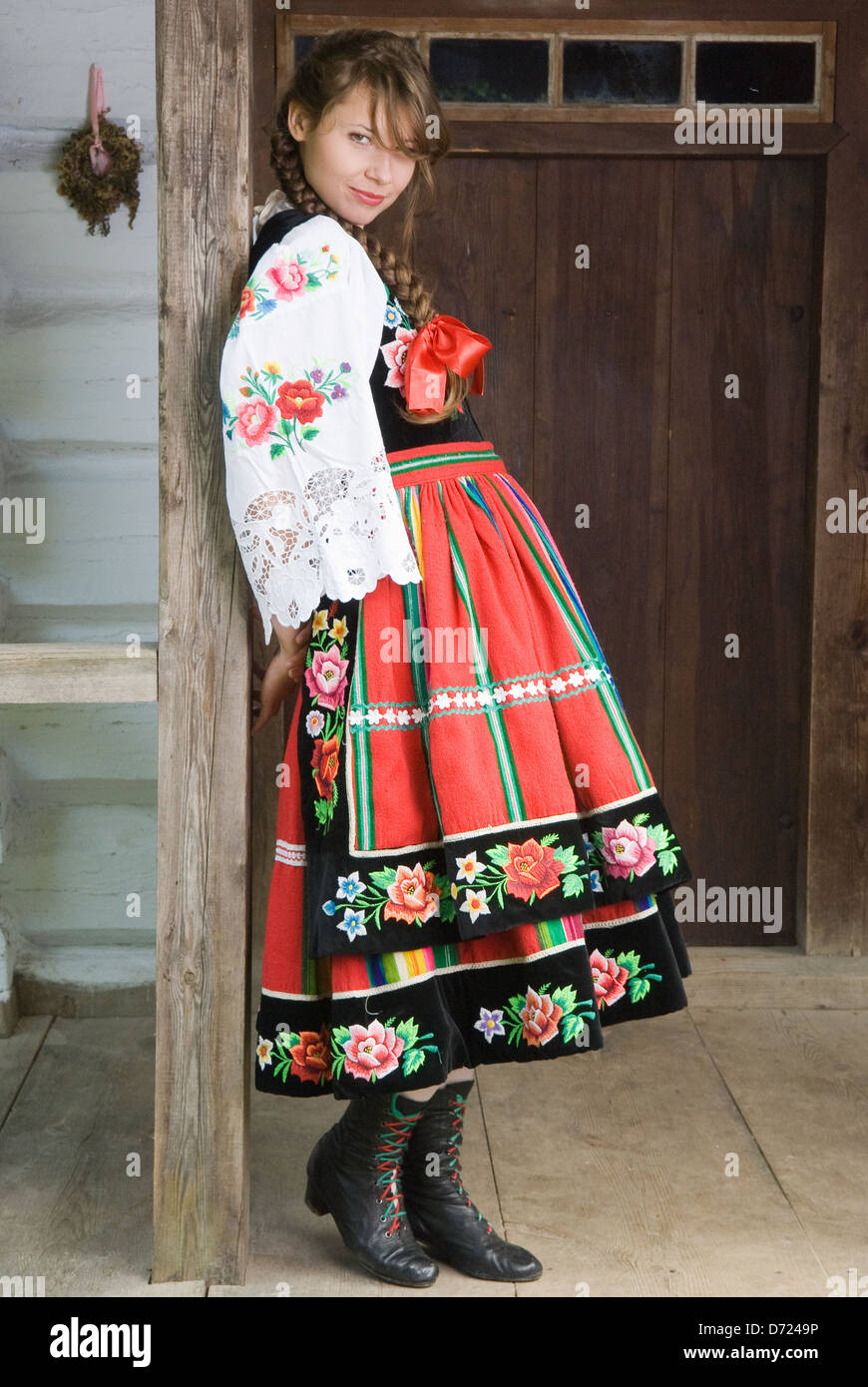 Portrait of young woman in Mazovia national costume, a Polish folk costume Stock Photo