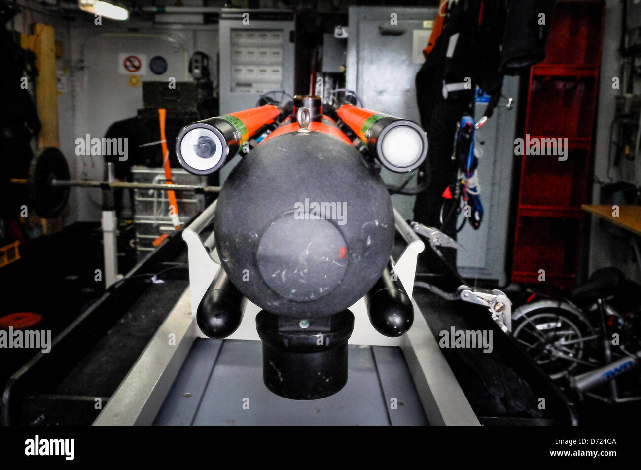 26th April 2013, Belfast, Northern Ireland. Head-on view of a Seafox underwater unmanned vehicle used in the detection and destruction of underwater explosives and ordenances Stock Photo