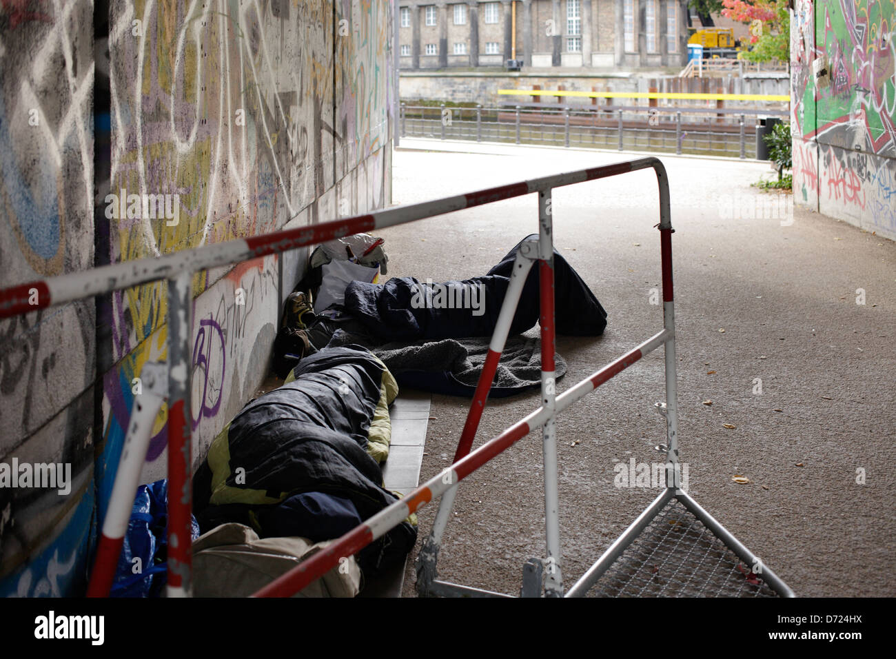 Berlin, Germany, people sleeping in sleeping bags in the S