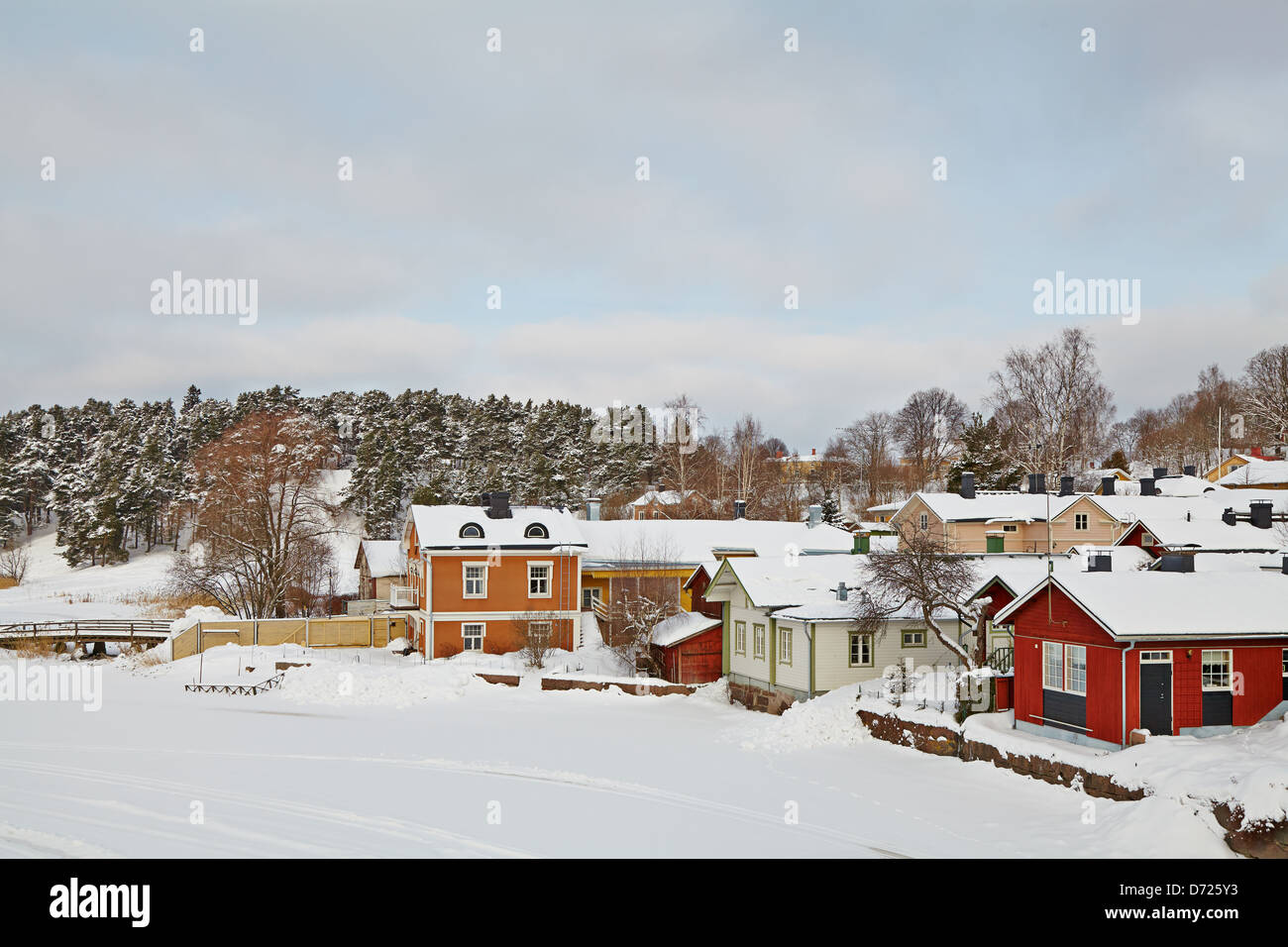wooden houses on the river coast in Porvoo town, Finland Stock Photo