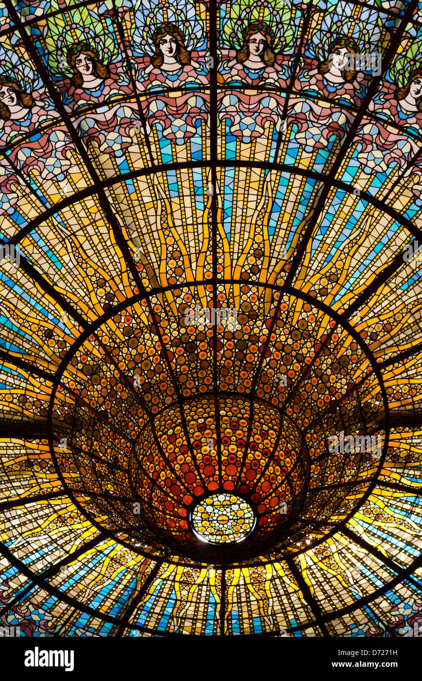 Stained glass ceiling in Palau de la Musica Catalana, Barcelona, Catalonia, Spain Stock Photo