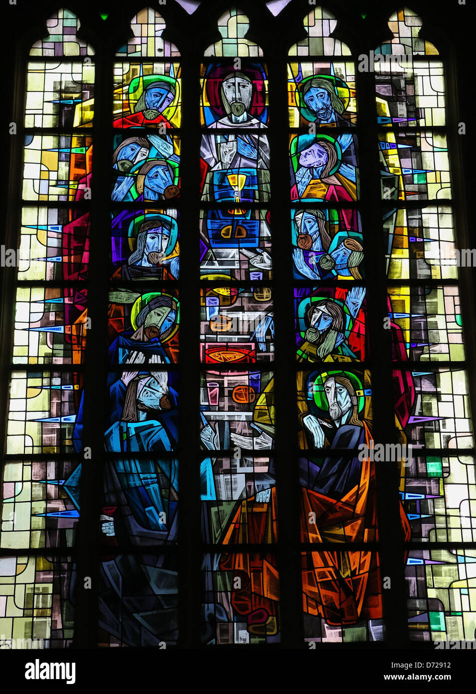 Stained glass window depicting the Last Supper in the church of Our Lady in Saint Truiden, Belgium. Stock Photo