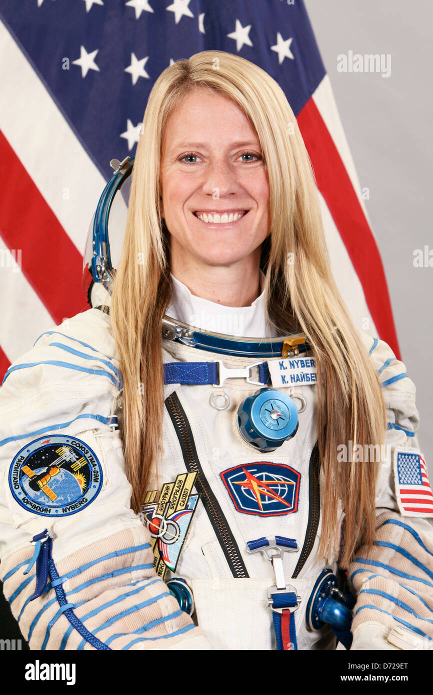 Portrait in spacesuit of NASA Astronaut Karen Nyberg member of the International Space Station Expedition 36/37 crew. Stock Photo