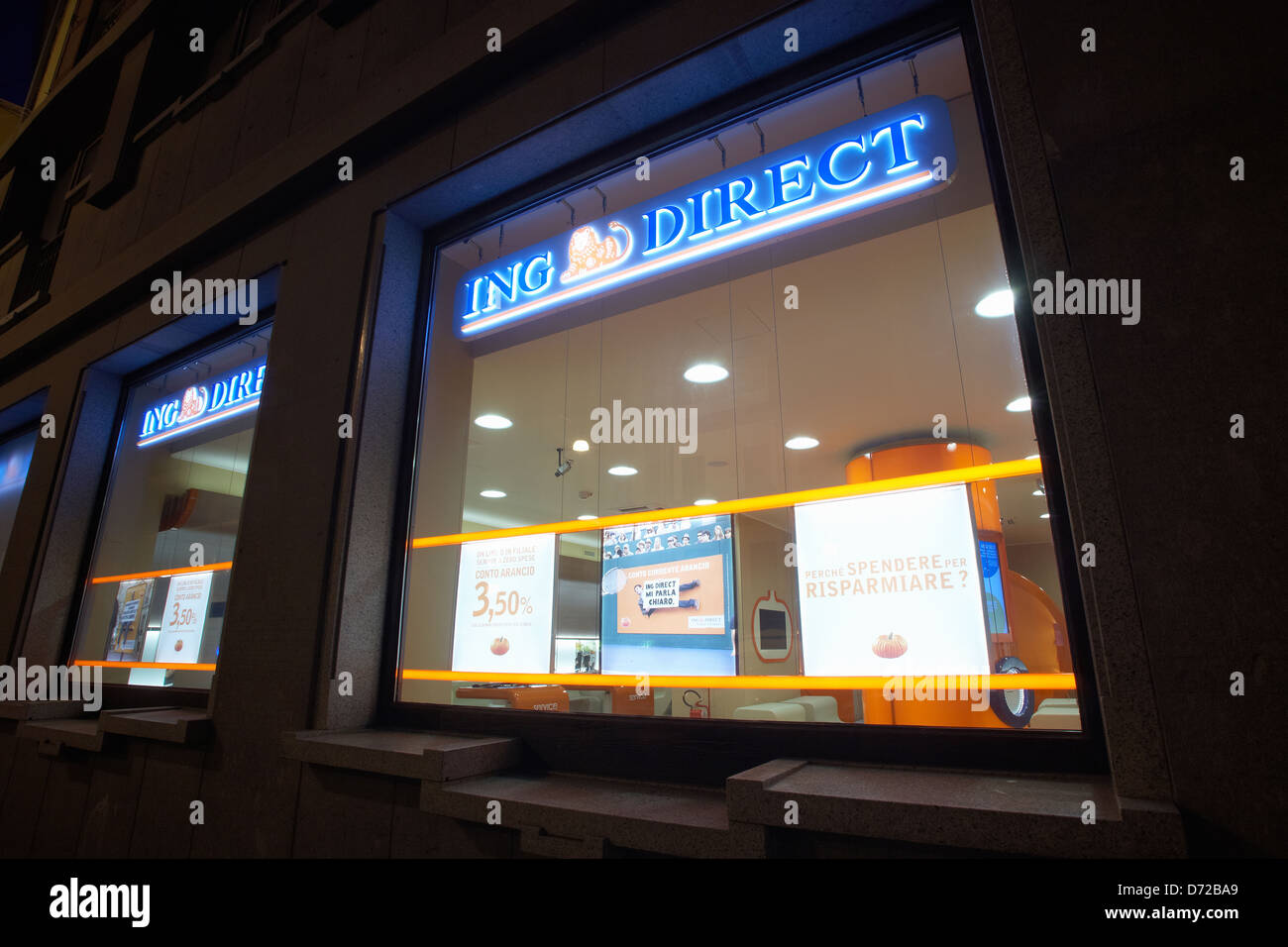 Cagliari, Italy, illuminated branch of the bank ING Direct in Via