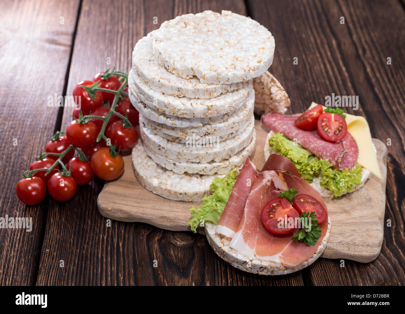 Diet food (rice cakes with fresh Ham) Stock Photo