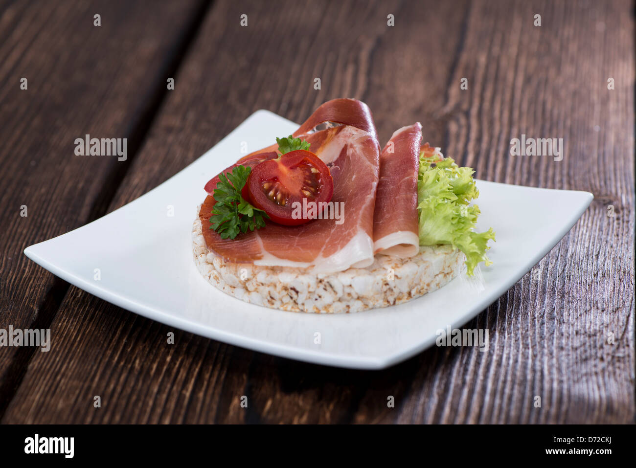 Diet food (rice cakes with healthy topping on a plate) Stock Photo