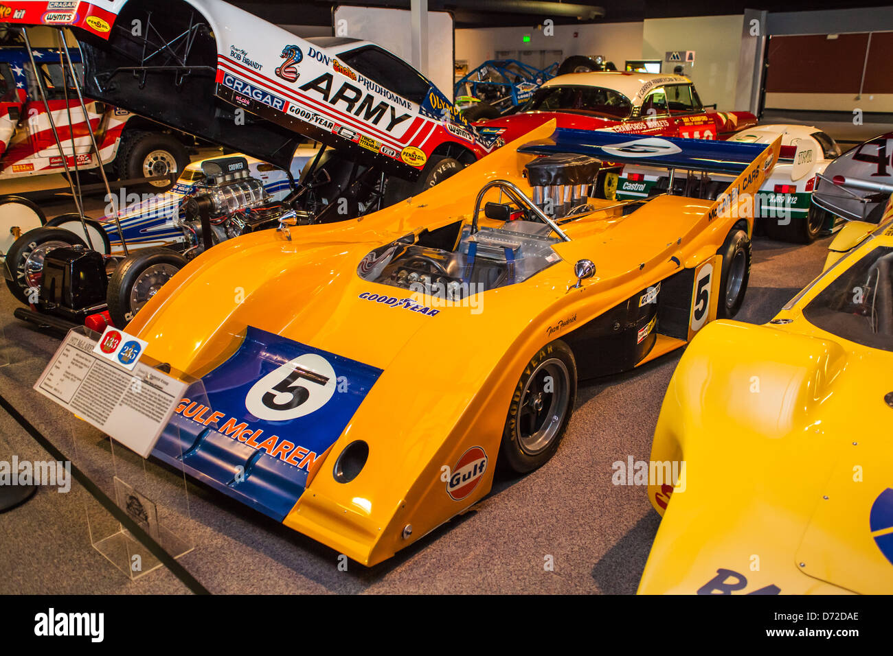 A collection of Race Cars at the National Automobile Museum in reno Nevada with a 1972 McLaren