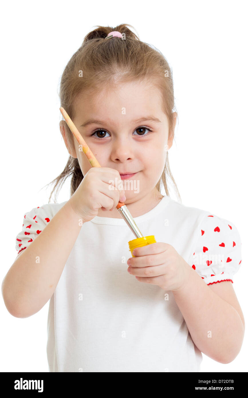 kid girl with brush in paint isolated Stock Photo Alamy