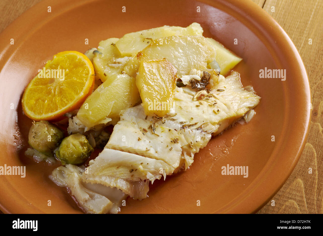 Fresh Halibut with sauce, potatoes,orange Stock Photo Alamy