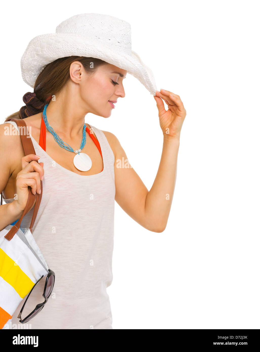 Portrait of happy beach young woman in hat Stock Photo - Alamy