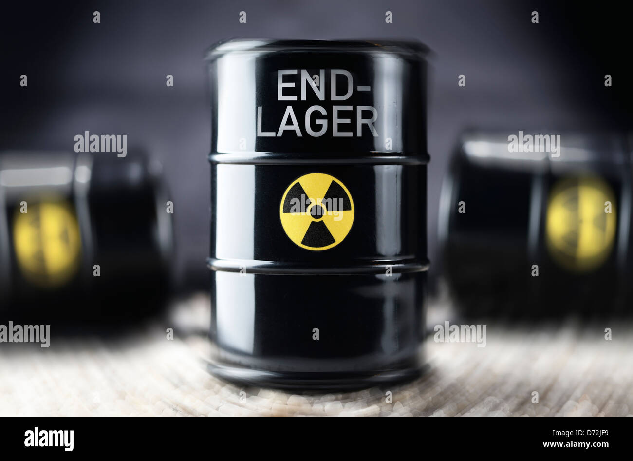 Nuclear waste barrel with the label Final disposal site Stock Photo