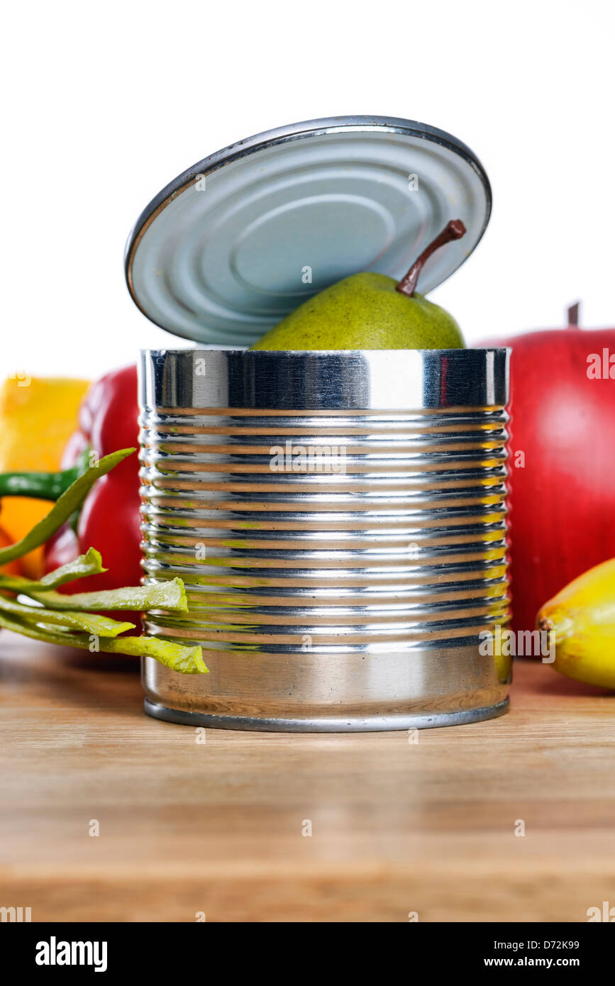 Canned food tin with fruit Stock Photo