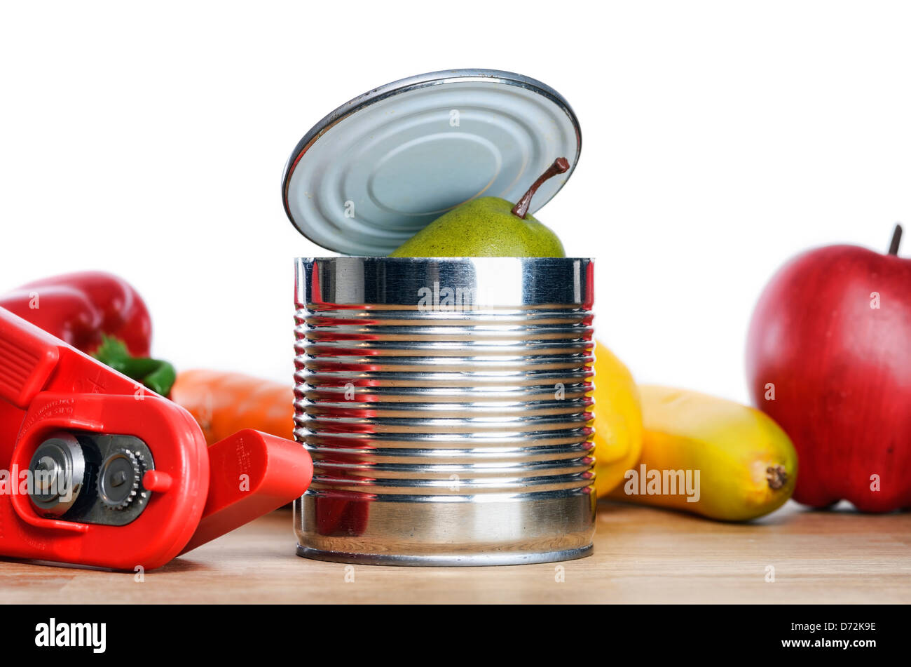 Canned food tin with fruit Stock Photo