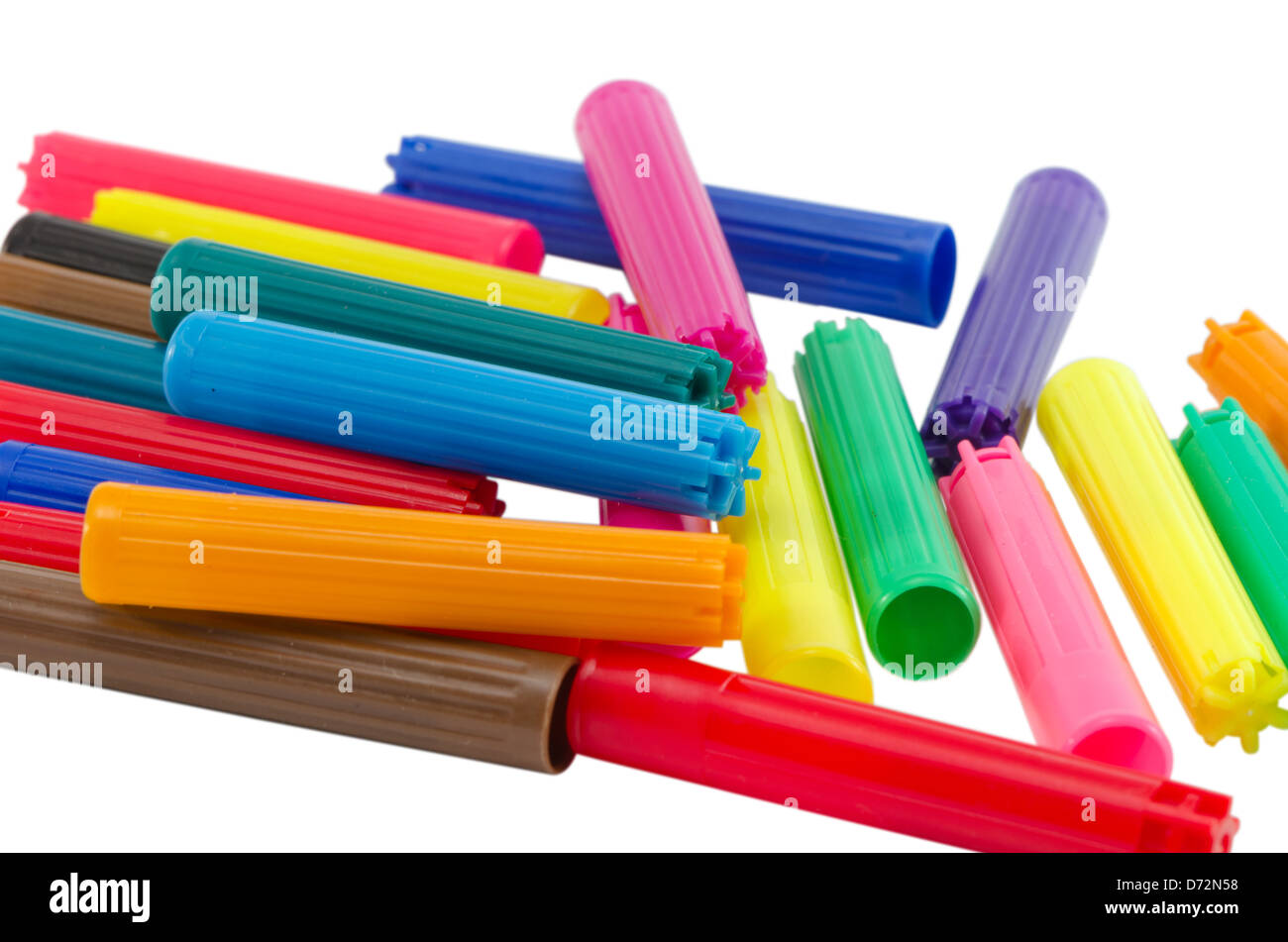 lot of colorful felt tip pen caps isolated on white background Stock Photo