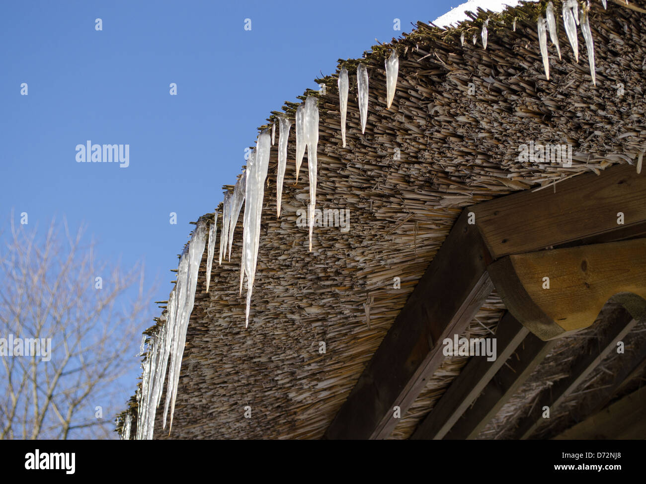 small icicles on retro straw roof on background of dark blue sky in winter. Stock Photo