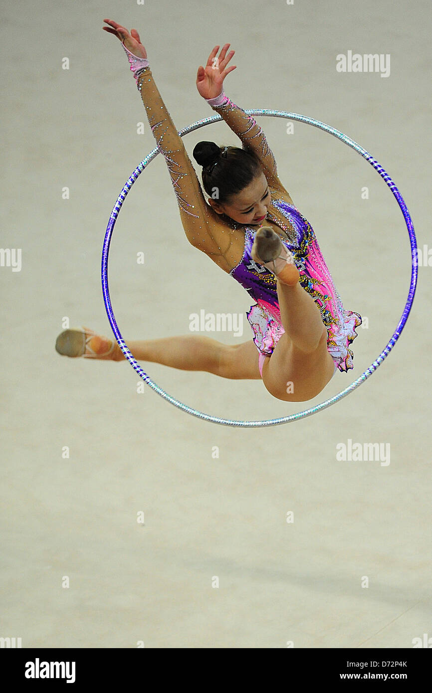 26.04.2013 Pesaro, Italy. Son Yeon Jae of Korea during day one of the Rhythmic Gymnastic World Cup Series from the Adriatic Arena. Stock Photo