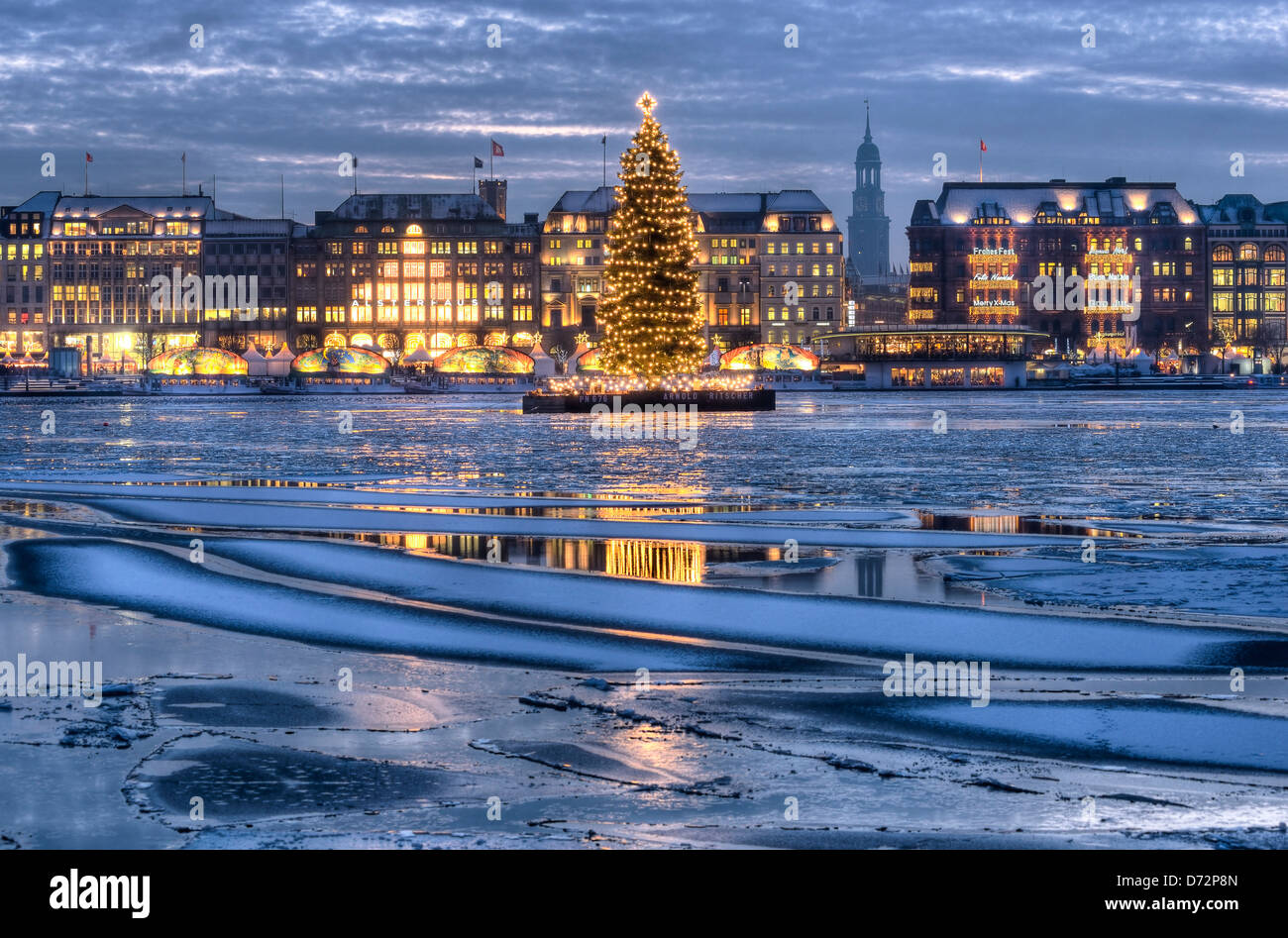 The Inner Alster with Christmas fir and Jungfernstieg in Hamburg, Germany, Europe Stock Photo