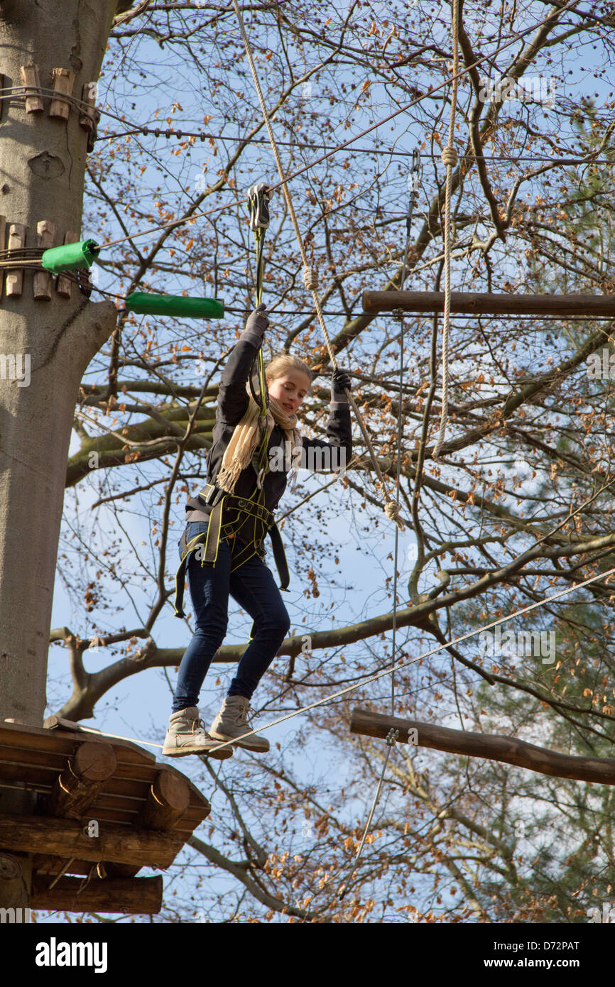 Berlin, Germany, a girl in high ropes course in the Virgin Heath Stock ...