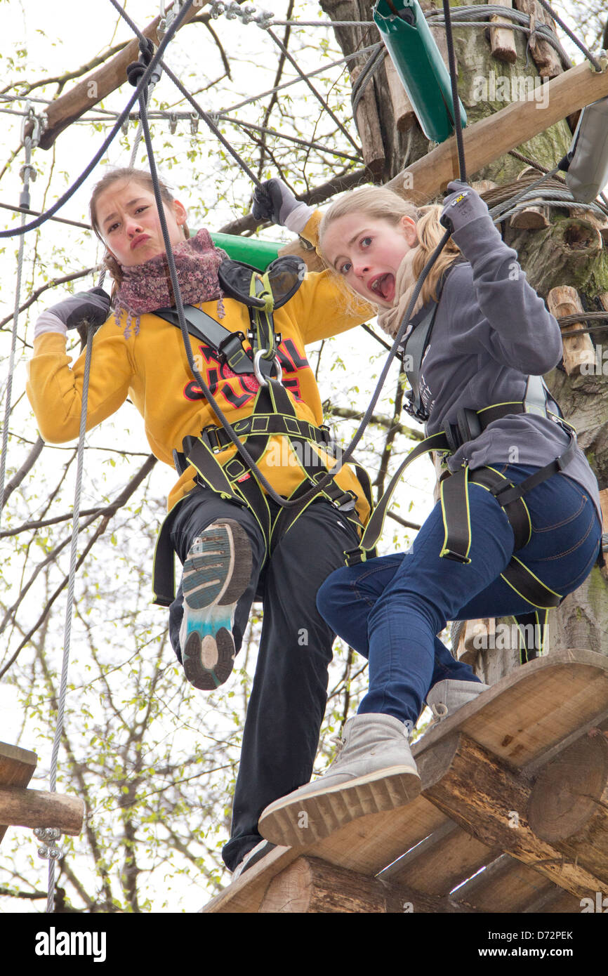 Berlin, Germany, girls in high ropes course in the Virgin Heath Stock