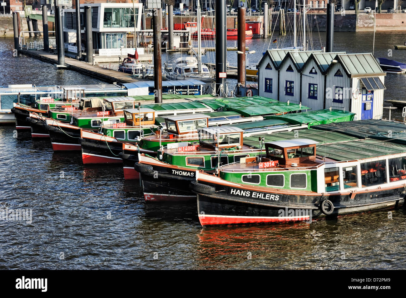 Longboats in the city-sports harbour in Hamburg, Germany, Europe Stock Photo