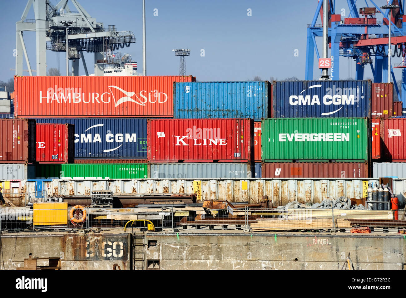 Container of different shipping companies in the Hamburg harbour