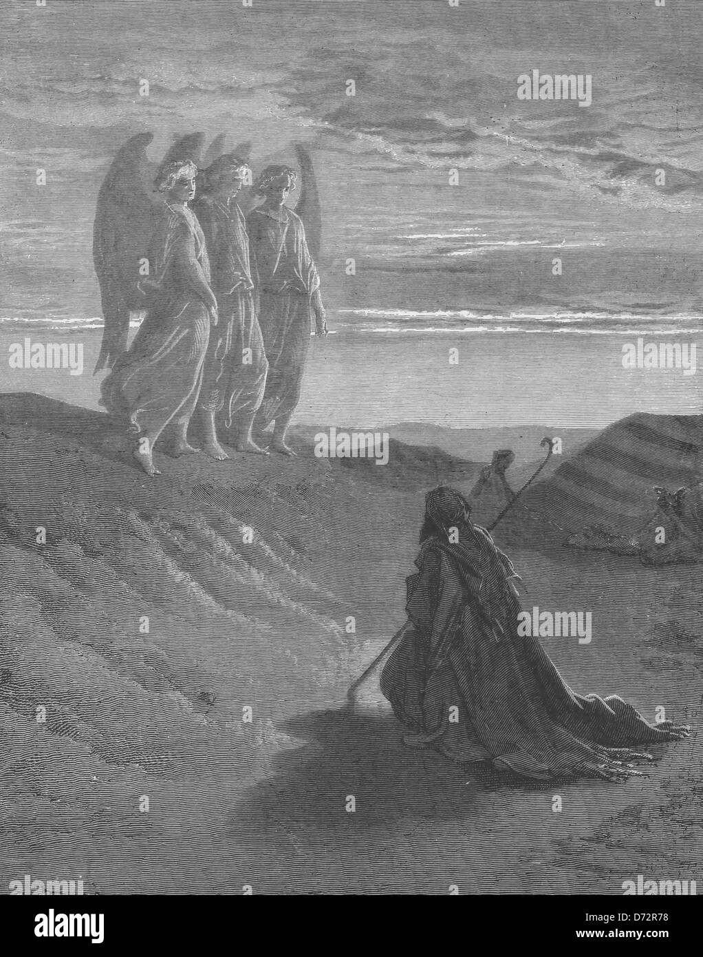 Abraham visited by three angels in Genesis / Old Testament Stock Photo