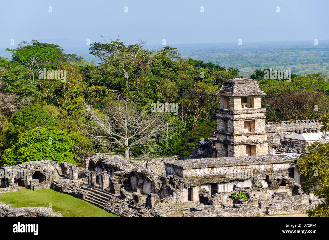 A view of the palace at the ancient Mayan city of Palenque Stock Photo