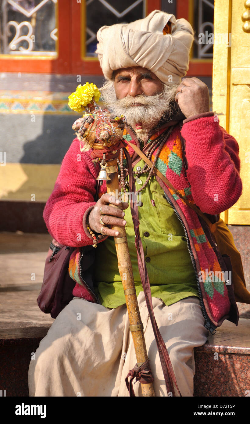 Elderly Man Visiting Bodhnath Temple, Kathmandu, Nepal Stock Photo