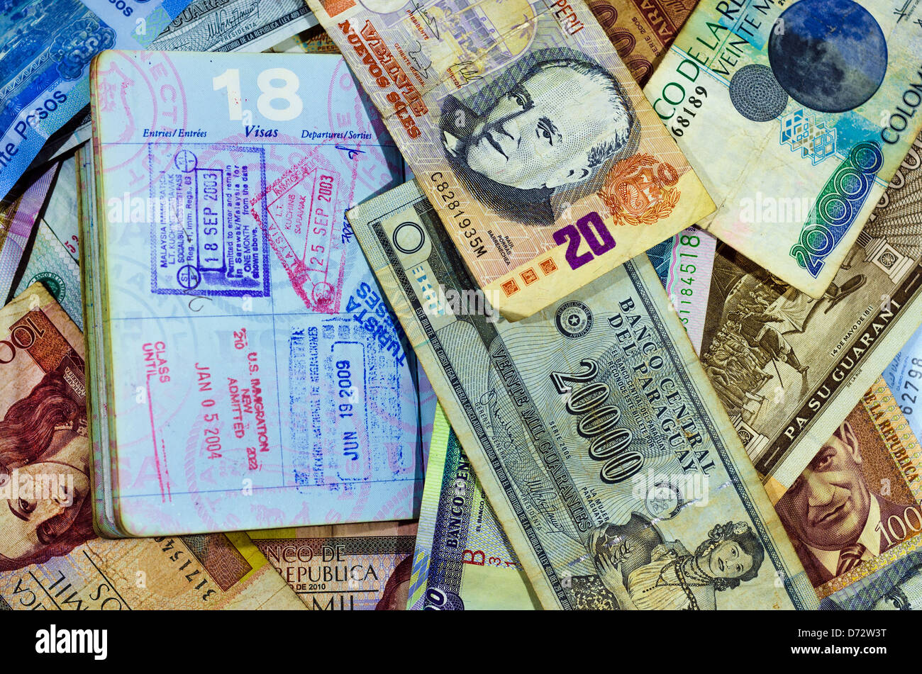 Passport stamps with various Latin American currencies Stock Photo