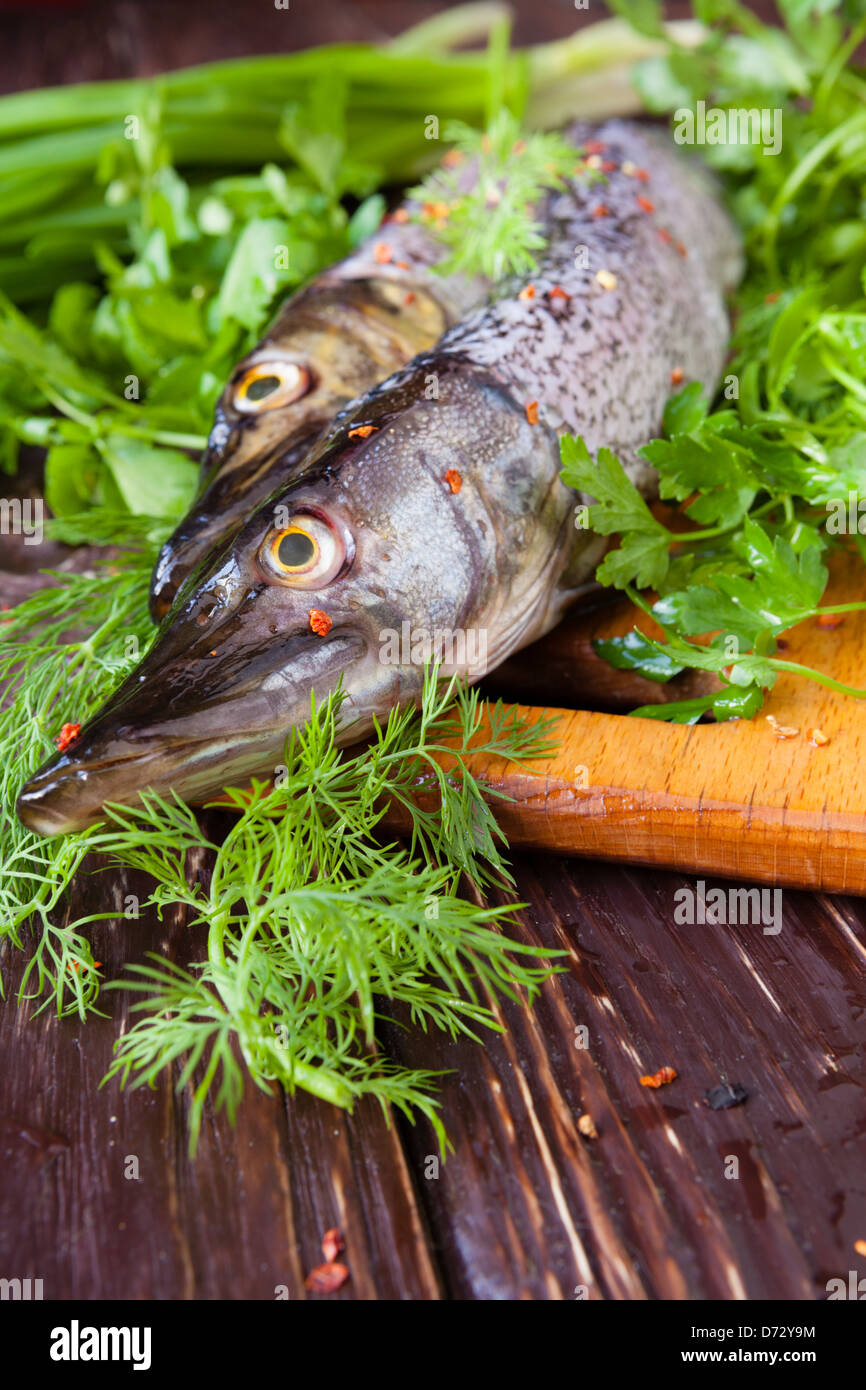Raw fish pike on the board and greens, food closeup Stock Photo