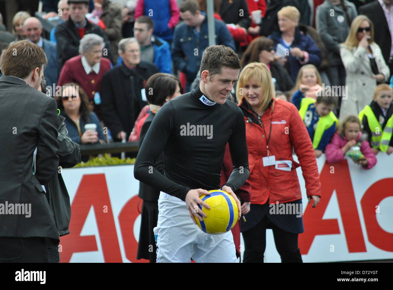 punchestown race course naas co kildare ireland today saturday 27th april National hunt jockey Andrew Mc Namara playing football for Charity photo taken by Linda Duncan alamy live news Stock Photo