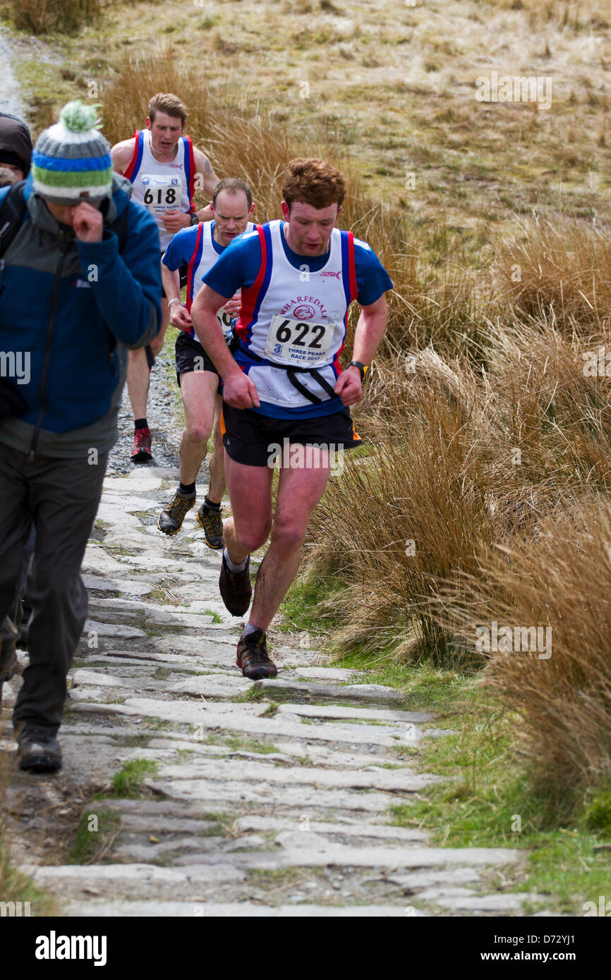 Yorkshire, UK. 27th April 2013. Competitors 618 Spencer Riley, and 622 Sam Watson, 26 taking part in the Yorkshire Three Peaks Challenge Saturday 27th April, 2013. The 59th Annual 3 Peaks Race with 1000 fell runners starting at the Playing Fields, Horton in Ribblesdale, Nr, Settle, UK.  Pen-y-Ghent is the first peak to be ascended then Whernside and finally the peak of Ingleborough. The race timed using the SPORTident Electronic Punching system. Credit: Conrad Elias/Alamy Live News Stock Photo