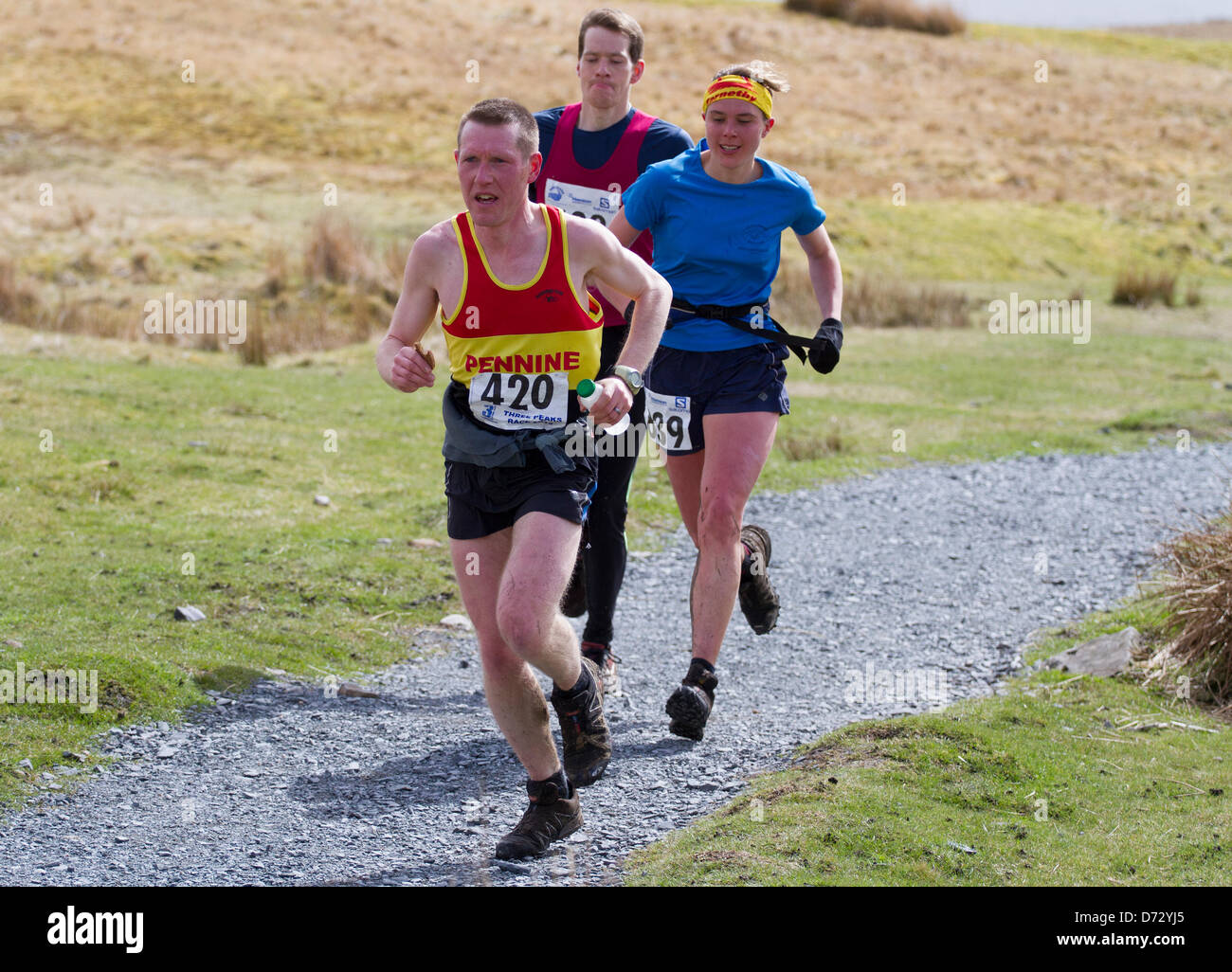 Yorkshire, UK. 27th April 2013. Competitors 420 Dave Ward and 839 Jasmin Paris taking part in the Yorkshire Three Peaks Challenge Saturday 27th April, 2013. The 59th Annual 3 Peaks Race with 1000 fell runners starting at the Playing Fields, Horton in Ribblesdale, Nr, Settle, UK.  Pen-y-Ghent is the first peak to be ascended then Whernside and finally the peak of Ingleborough. The race timed using the SPORTident Electronic Punching system. Stock Photo