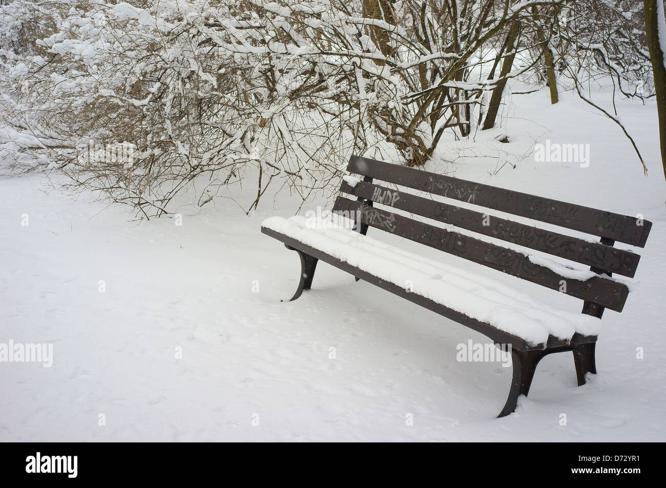 Park bench covered with snow winter wonderland Stock Photo - Alamy