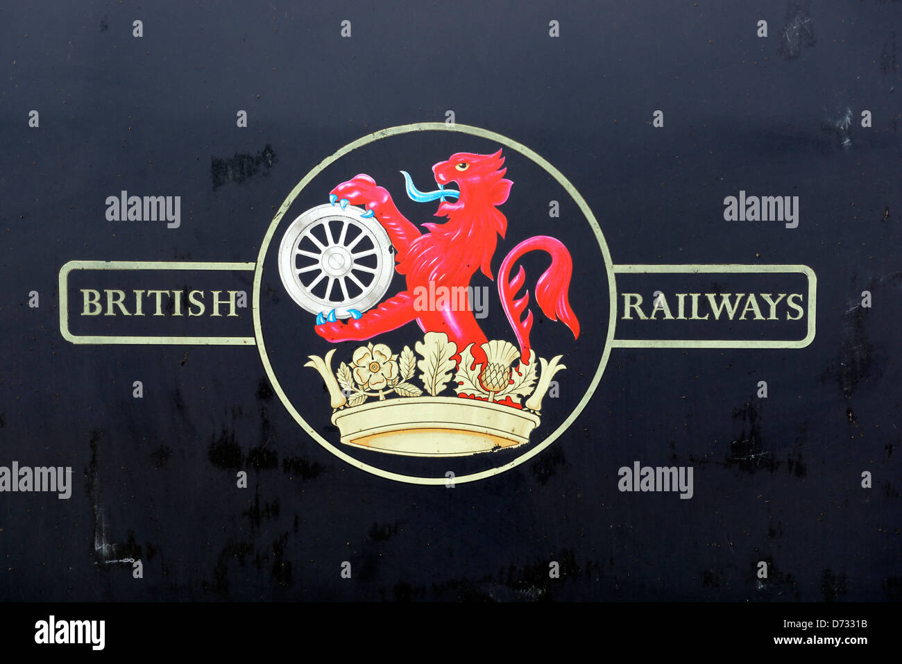 British Railways emblem on a locomotive at the Horsted Keynes restored Edwardian railway station, West Sussex Stock Photo