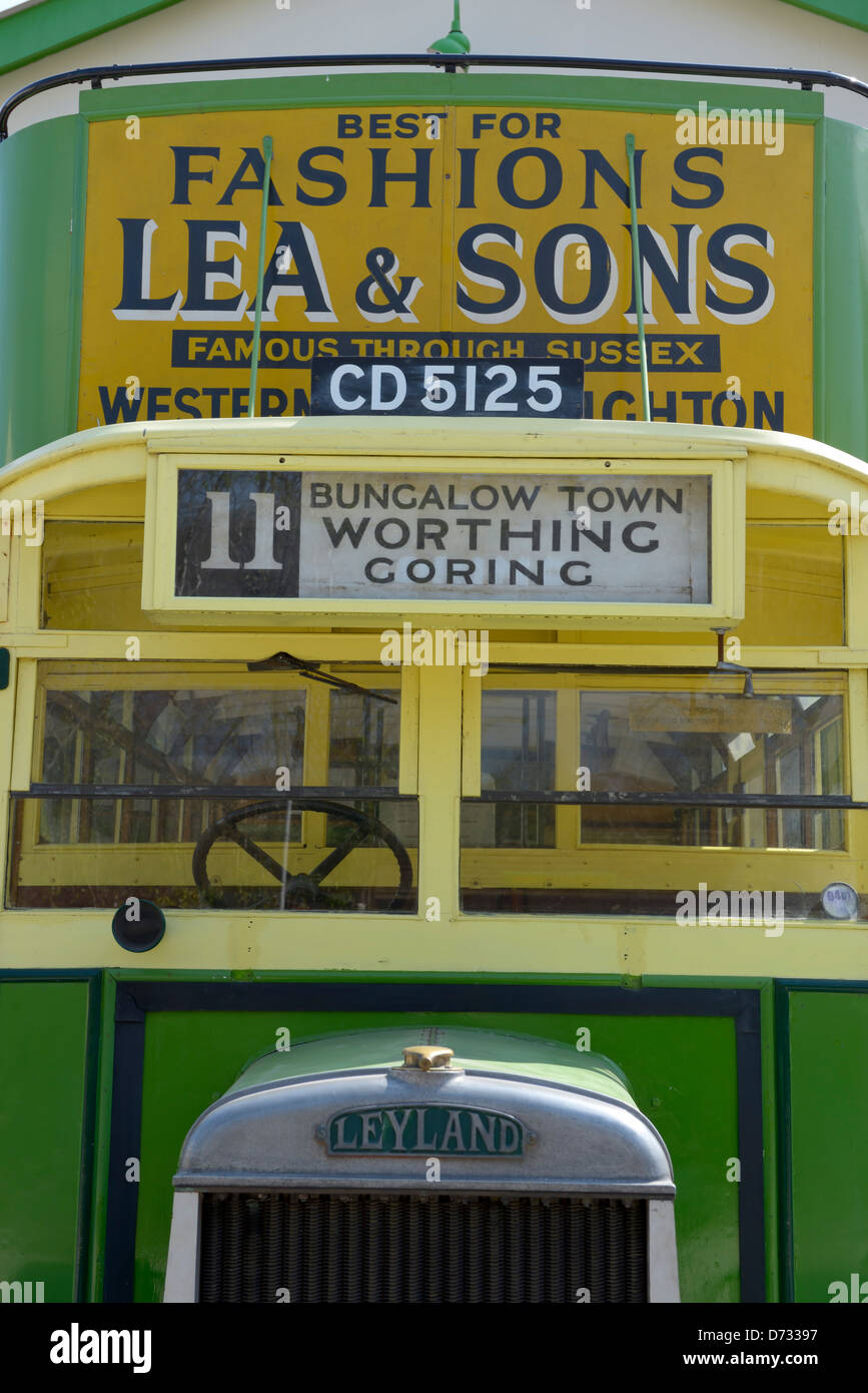 Frontal view of a 1930s open top Southdown bus at the Amberley Working Museum, West Sussex, UK Stock Photo