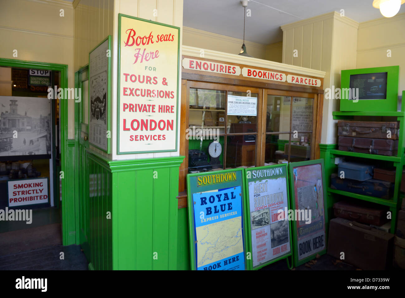 A 1930s Southdown Motor Company Enquiry and Booking Office at the Amberley Working Museum, Amberley, West Sussex Stock Photo