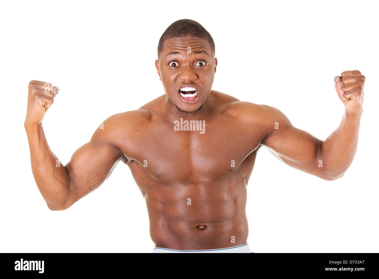 Angry black muscular man, isolated on white Stock Photo