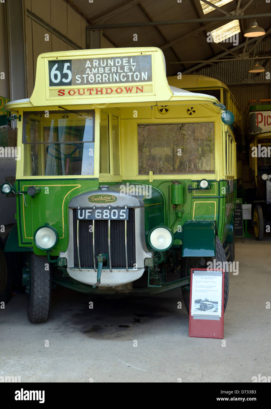 A recently restored 1930s single decker omnibus in the Southdown Motor Garage at the Amberley Working Museum, West Sussex, UK Stock Photo