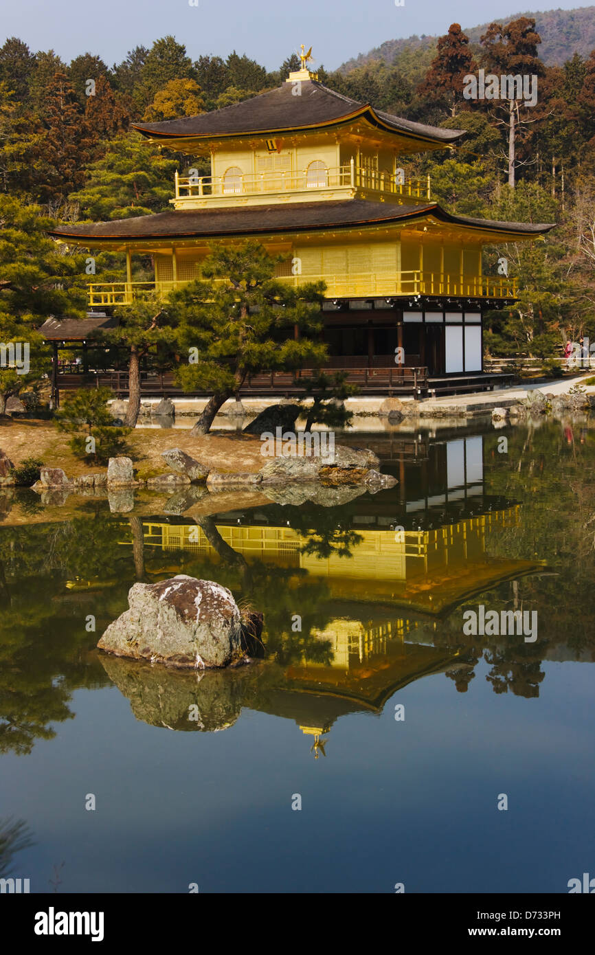 Golden Pavilion with reflection in water, Kinkaku-ji (also known as Rokuon-ji) Temple, Kyoto, Japan Stock Photo