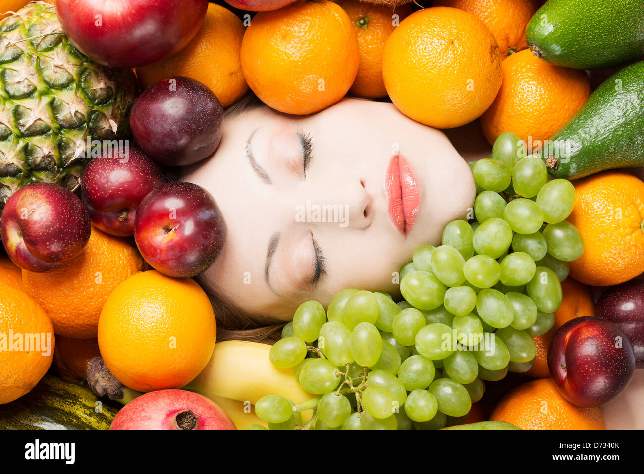 Woman face in fruits, healthy nutrition and diet concept Stock Photo ...