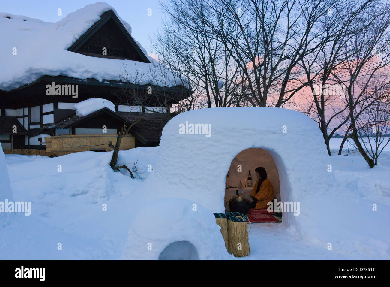 Traditional house covered with snow and igloolike snow house, Yokote