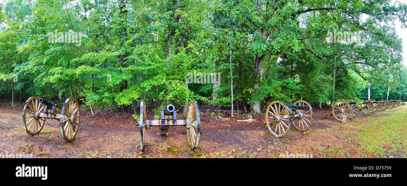 Line of cannon stand before the woods at Shiloh National Military Battlefield. Stock Photo