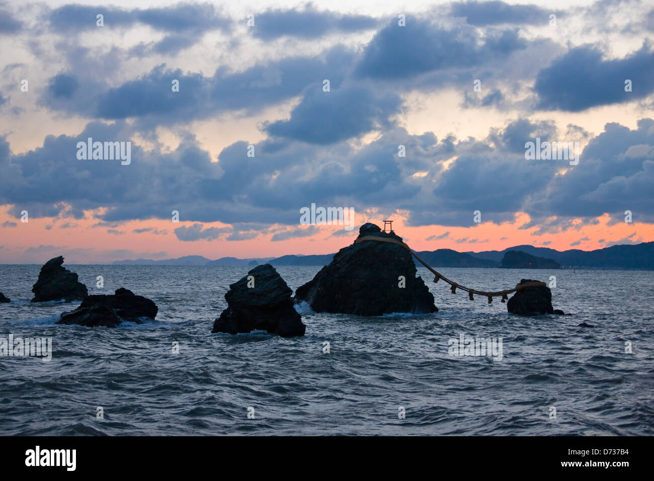 Sunset view of Meoto Iwa, Husband-and-Wife-Rocks, in the sea off Futami, Mie Prefecture, Japan Stock Photo