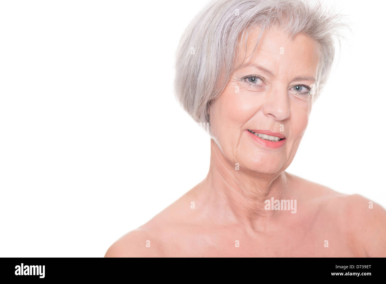 Portrait from a senior woman in front of white background Stock Photo ...