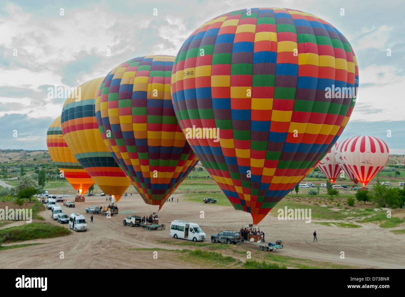 Hot Air Balloons Taking Off, Cappodocia, Nevsehir, Turkey Stock Photo