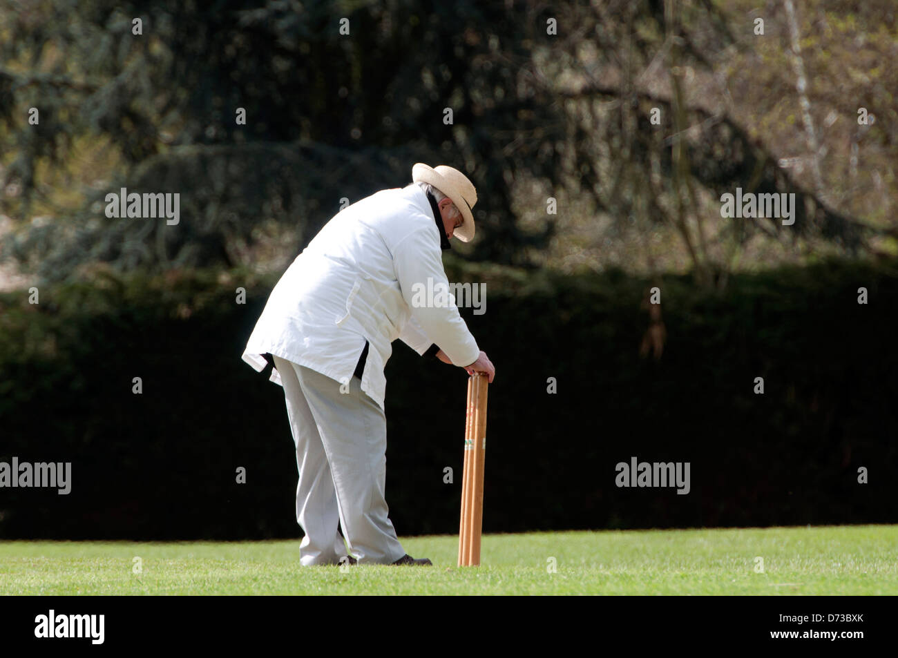 Village cricket at Leek Wootton, the umpire putting the bails on. Stock Photo